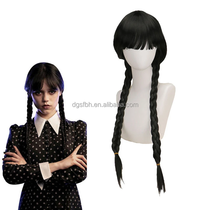 Film Hair  black braid wig TV show cos hair double ponytail Wednesday wig chemical fiber cosplay  prop