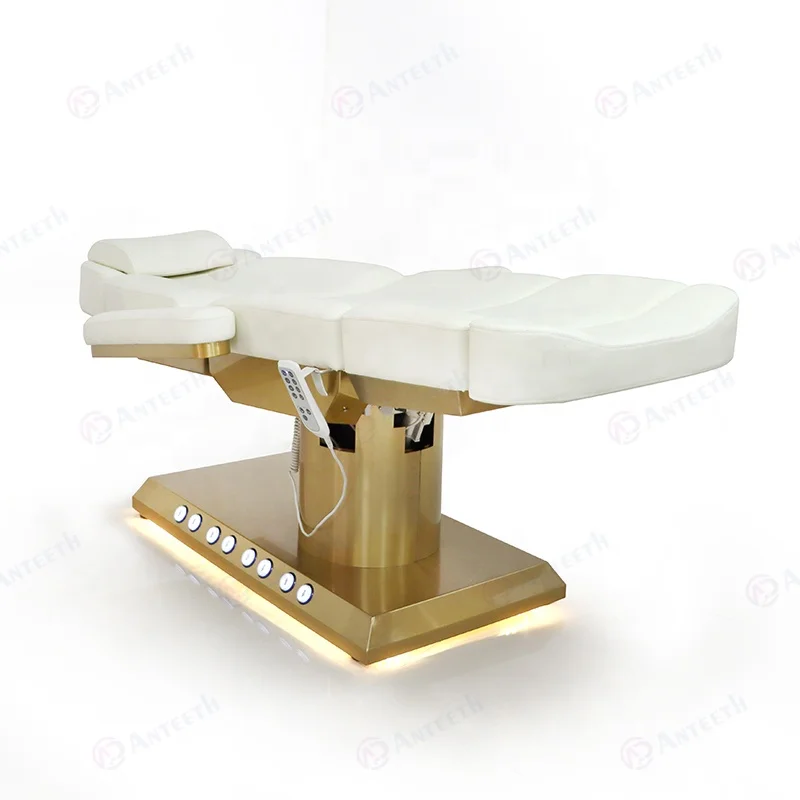 Salon Furniture 3/4 Motors Beauty Salon Chair Gold Metal Base Cosmetic Bed Built-in Foot Control Electric Facial Bed