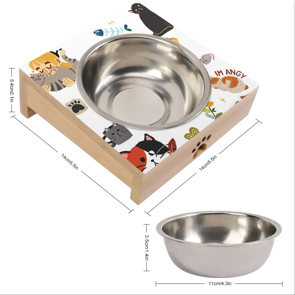 Custom Low MOQ Quadrate Bamboo Stand Stainless Steel Round Elevated Cat Dog Food Bowl Slanted Water Container