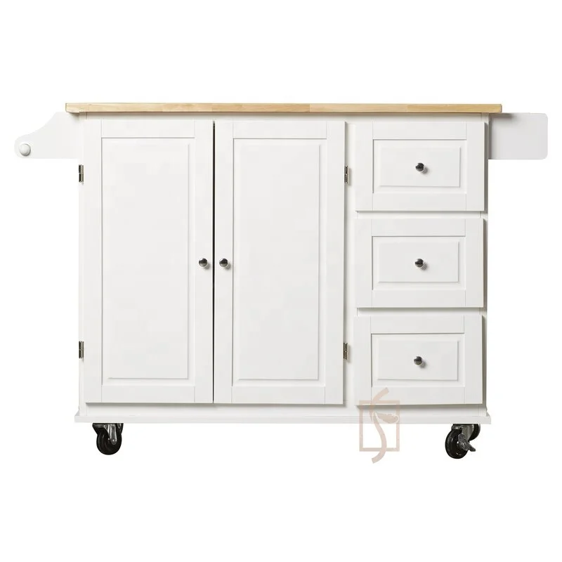 Low MOQ Solid Rubber  Wooden Rolling Storage Kitchen Trolley  CartTwo Doors Three Drawers Cabinet With Wheels Expandable