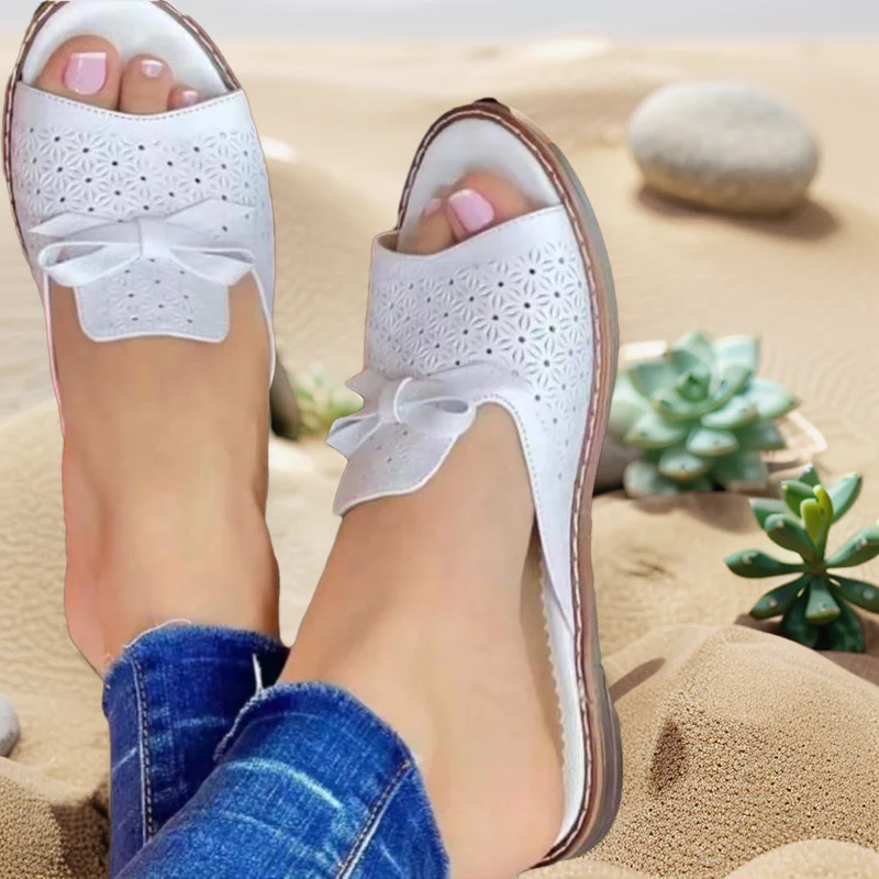 Hot sale summer Big Size Ladies Leather Shoes Anti-Slippery and Anti-Slip Openwork Bow PVC PU Slippers with EVA Insole for Beach