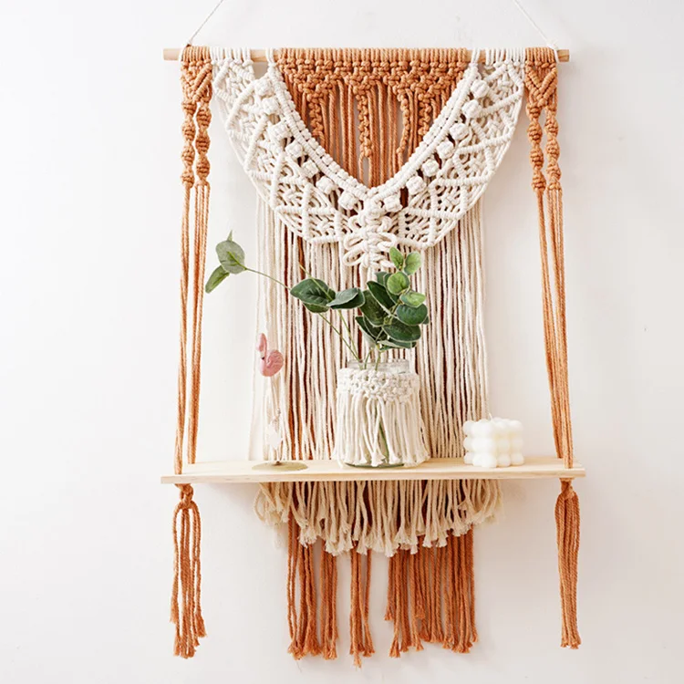 Custom Made Home Decor 2 Tier Rack Flower Pot Holder Woven Macrame Wood Wall Hanging Shelves