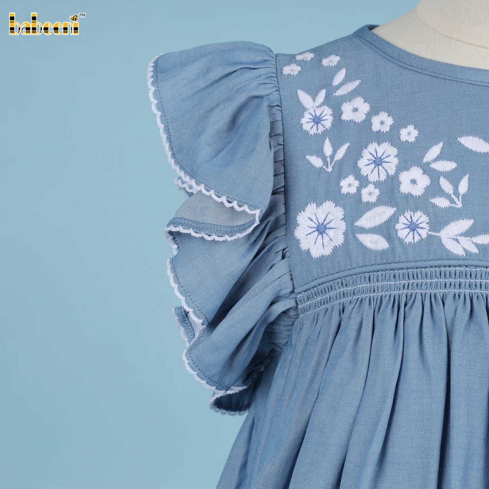Girl Embroidered Flowers Blue Dress OEM ODM kid smocked baby dress smocked girl dress kids clothing wholesale - DR3804