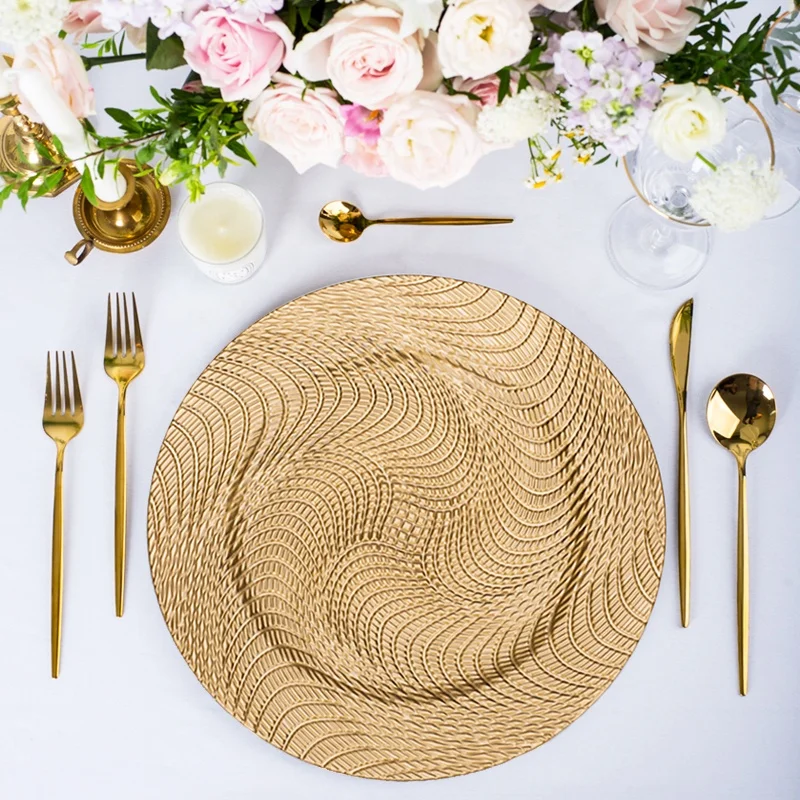 13 inch cheap luxury rose gold plastic table charger plates decorative square silver rimmed beaded reef wedding charger plate