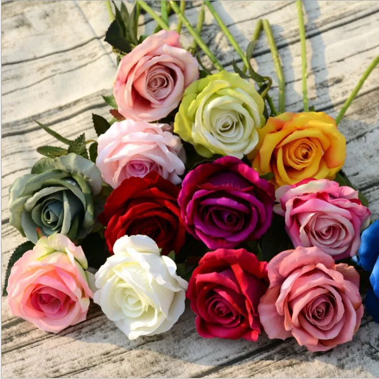 Недорогой искусственный пластиковый цветок Одноцветный бархатный розы