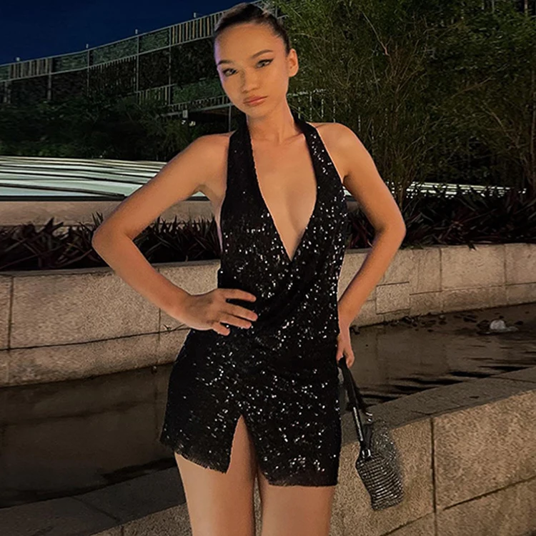 New Item Elegant Party Black Brillos Sequins V Neck Vestidos Para Fiesta Club Halter Sexy Dresses Women Night