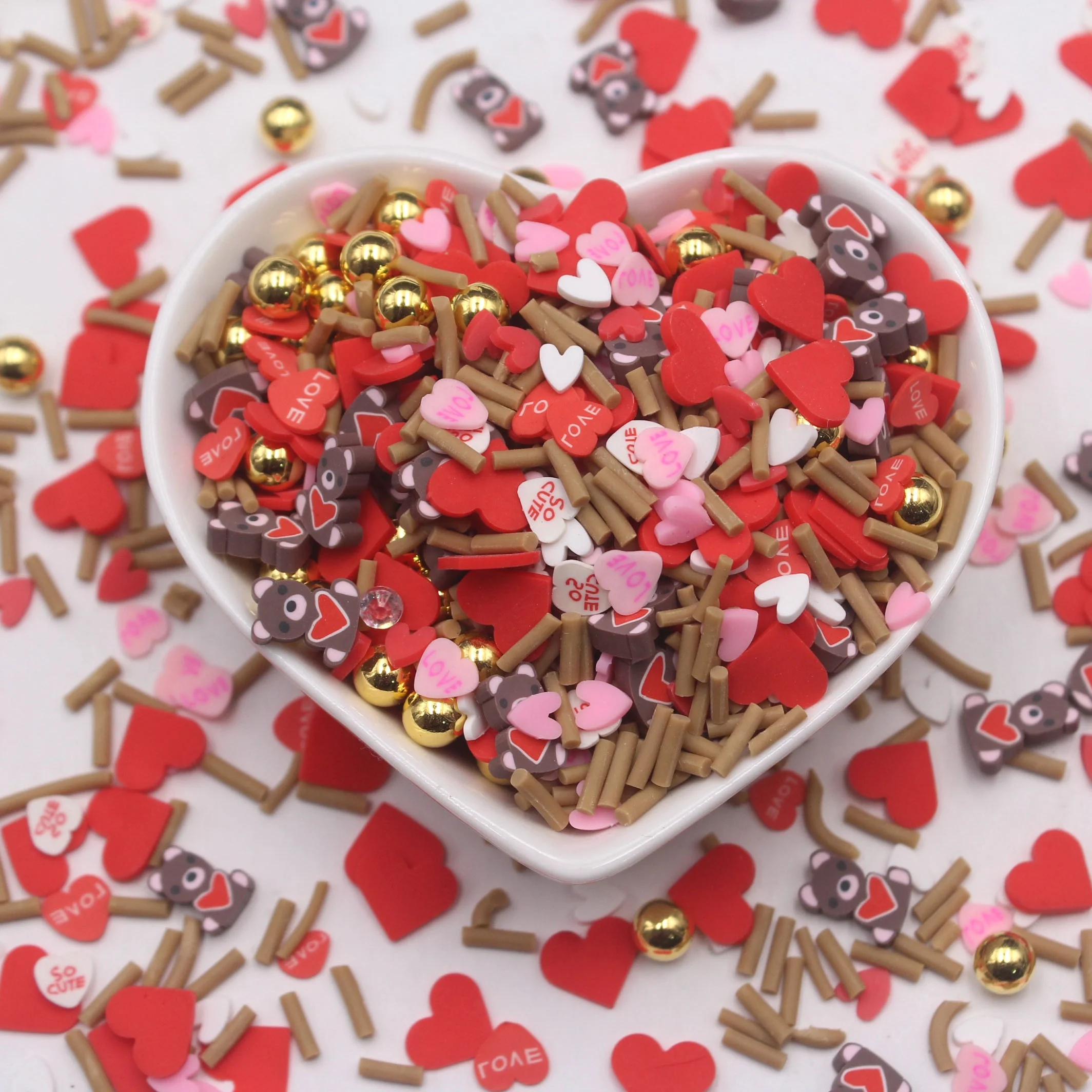 1KG Valentines Themed Adorable Bear Clay Slices with Cute Hearts Sprinkles Mixed Gold Beads Supplies Slime Crafts