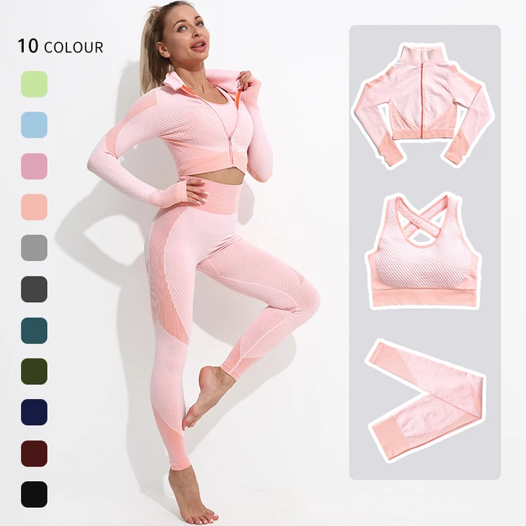 Новый Модный женский костюм s-xl одежда для тренажерного зала сексуальный черный спортивный йоги пиджак комплект из трех предметов бесшовные леггинсы спортивная