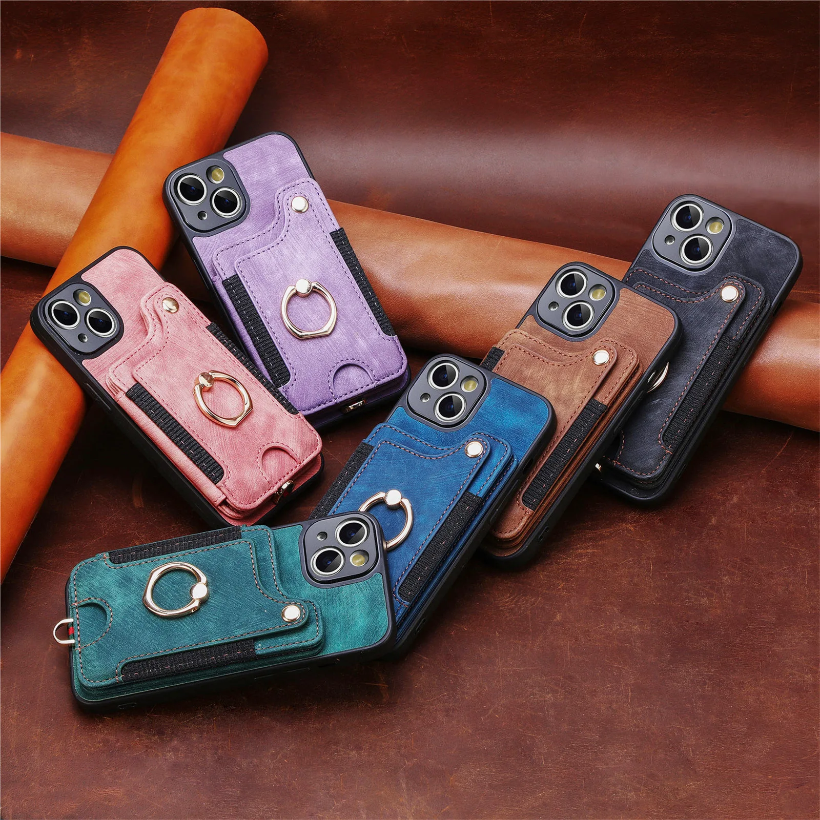 For iPhone 11  12 13 14 Pro Max RFID anti-theft brush PU Leather credit card wallet with ring holder mobile phone case