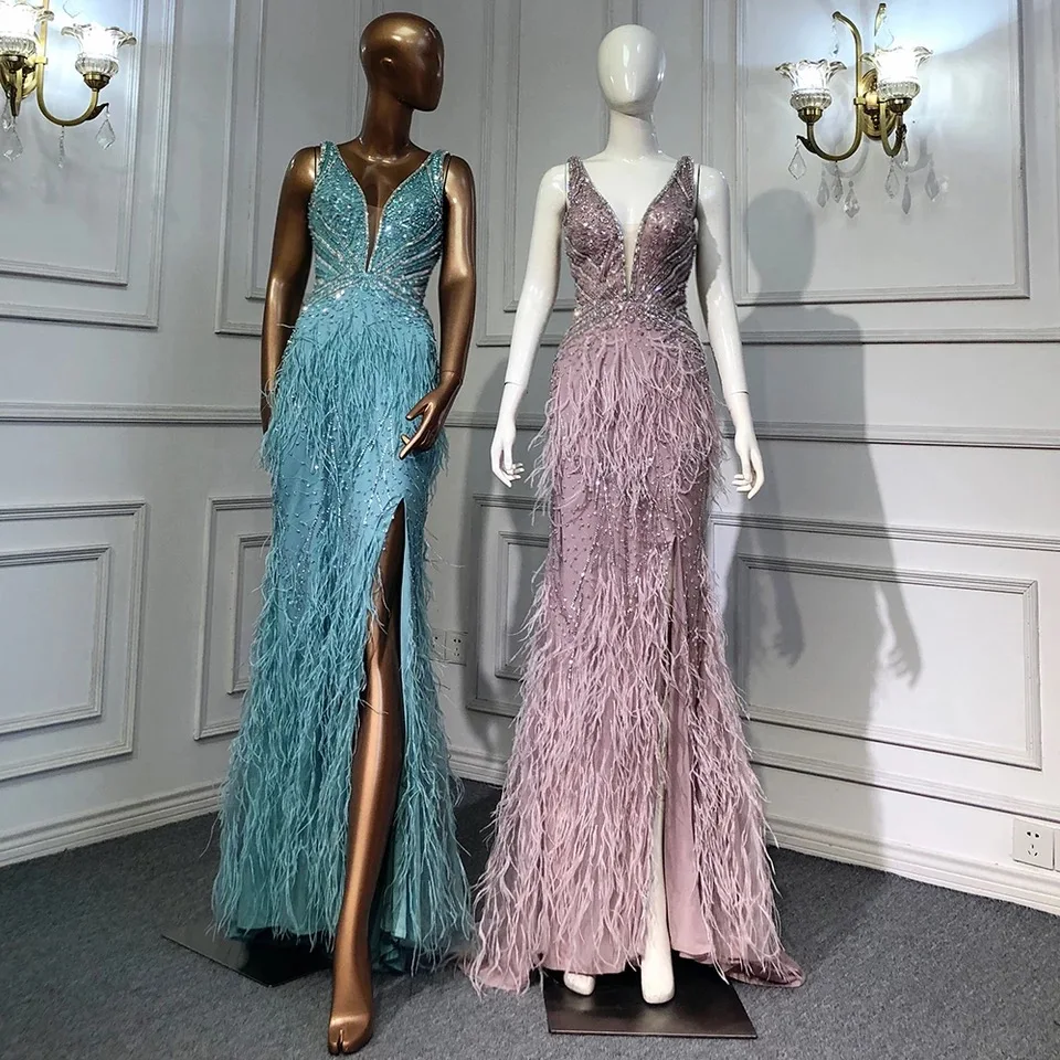 2022 New Handmade Beading Mermaid Evening Dresses With Feathers Sexy Split  Long  Evening Gowns For Women Party