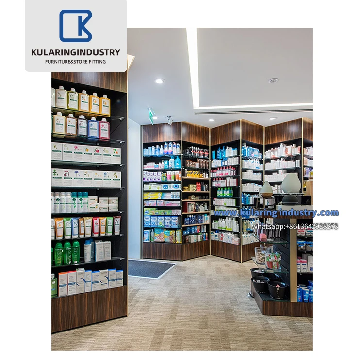 Retail Pharmacy Decoration Customized Medical Pharmacy Shop Glass Wood Furniture Shelves Cabinet For Pharmacy Store Display