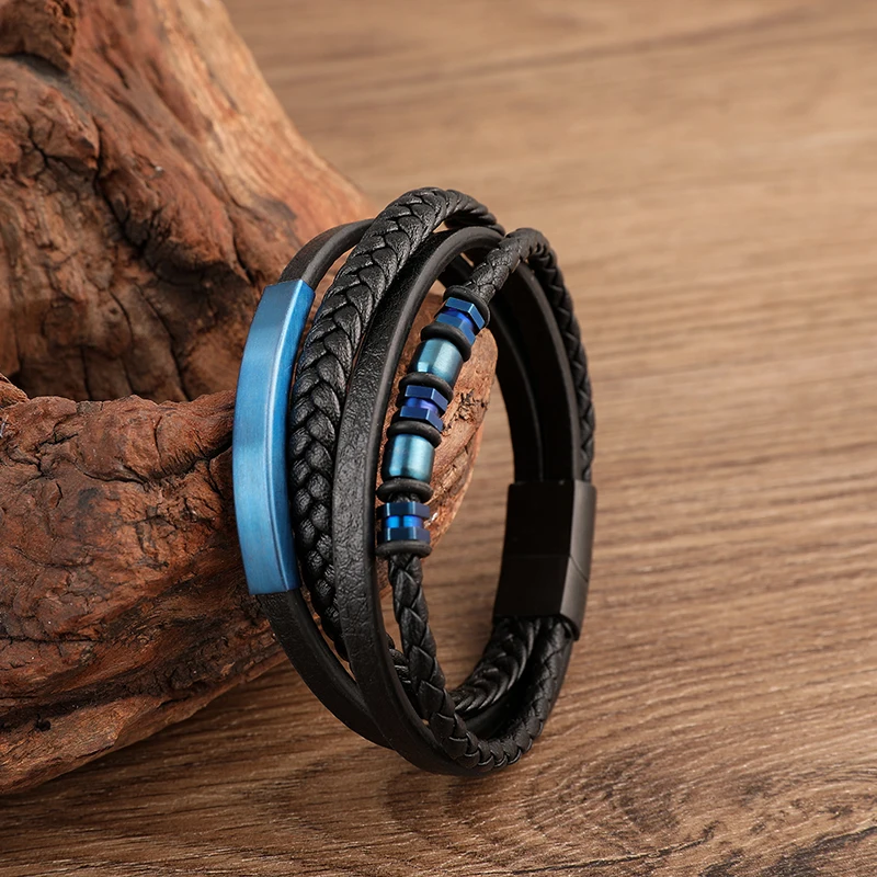 Trendy Genuine Leather Bracelets Men Stainless Steel Beads Multilayer Braided Rope Bracelets For Male Bracelets Jewelry