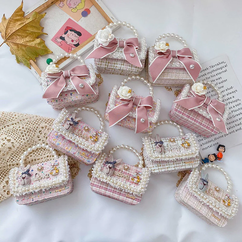 Wholesale Toddler Kids Pearl Rhinestone Bow Bags Mini Chain Purse Bag Children Small Purses Cute Little Girl Crossbody Purses