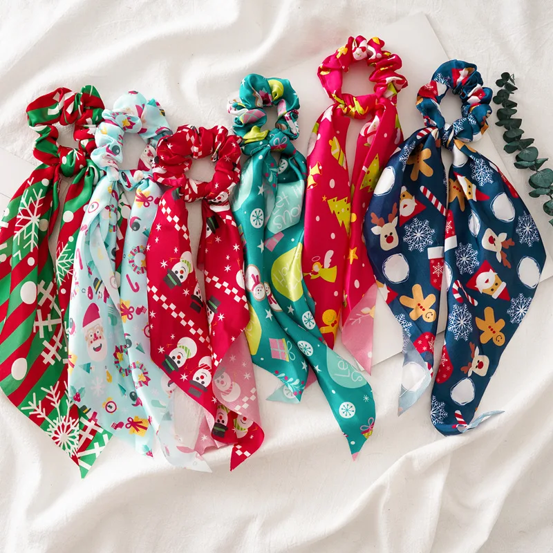 Fashion Christmas Series Hair Scrunchy Floral Ponytail Holder Long Tail Flower Elastic Hair Bands Scrunchies For Women