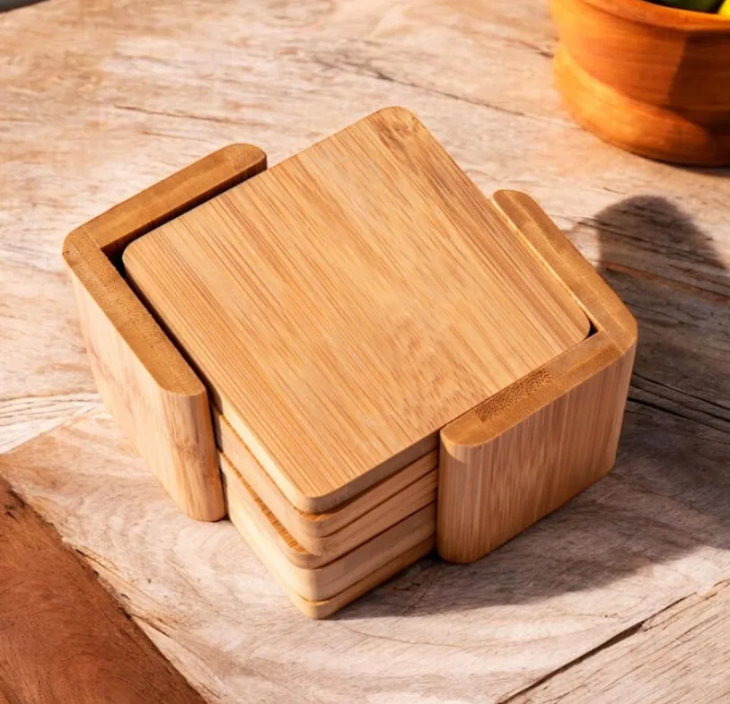 Housewarming Gift Personalized Table Engraved Wooden bamboo Square round tea cup Coaster Set of 6 with Holder