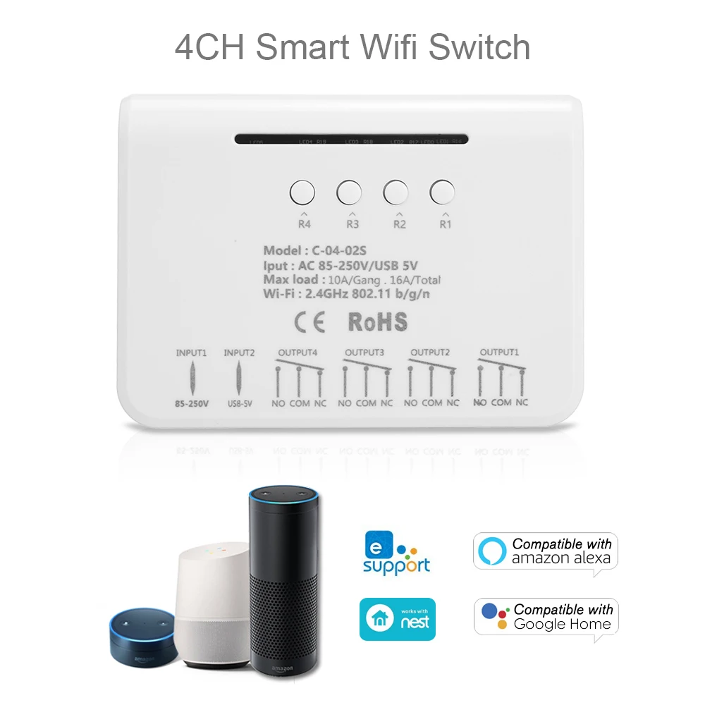  Умный пульт дистанционного управления Alexa Google Home APP WiFi RF 433 85-250 В 4-канальный модуль переключателя eWeLink с
