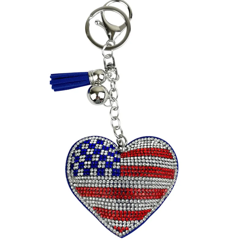Custom Crystal Diamonds American USA Texas Flag Keychain Bling Purse Charm Backpack Key Rhinestone Puffy Keychain and bracelets