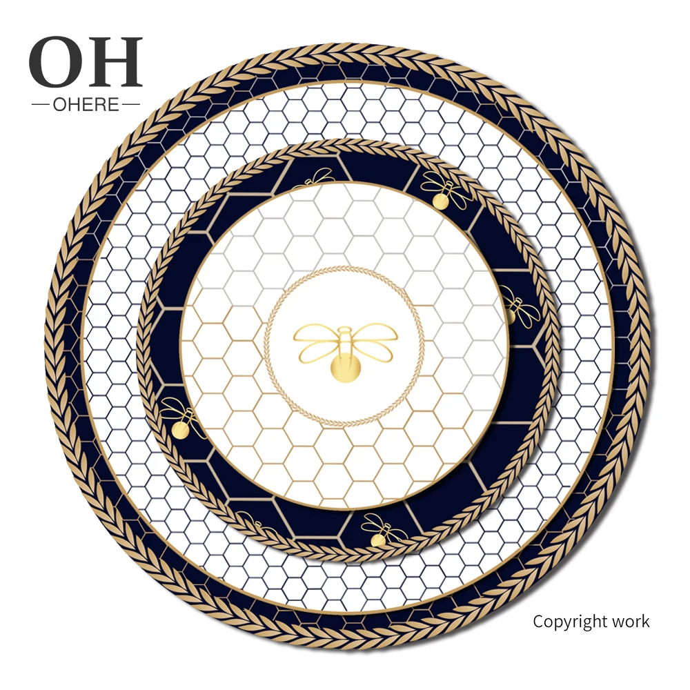 Dark blue plate set with gold rim lovely little bee dinnerware honeycomb design wedding charger plate for event&catering&rental