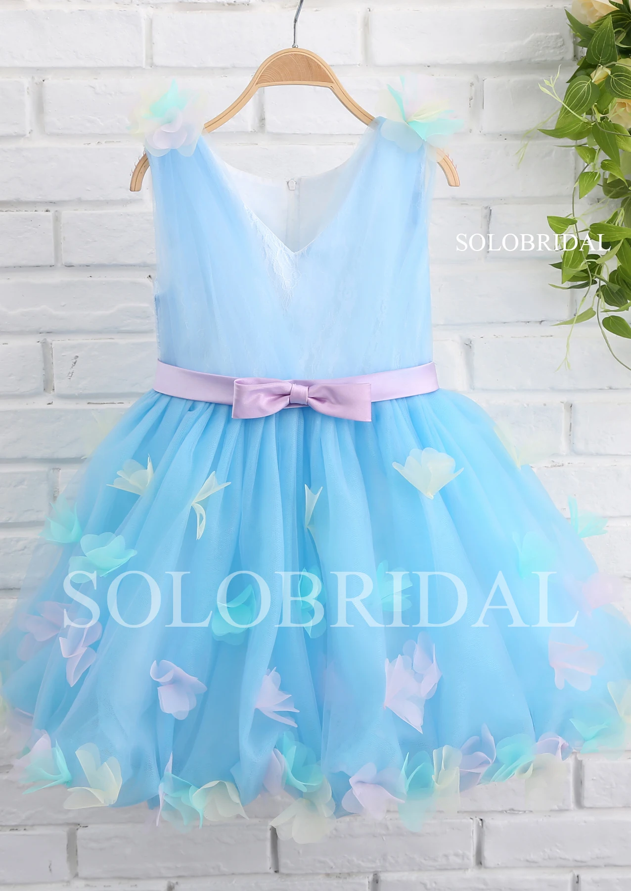 Cute Sky Blue V Neck Butterfly Ball Gown Princess Girl Dresses for Wedding Pink Flower Girl Dress