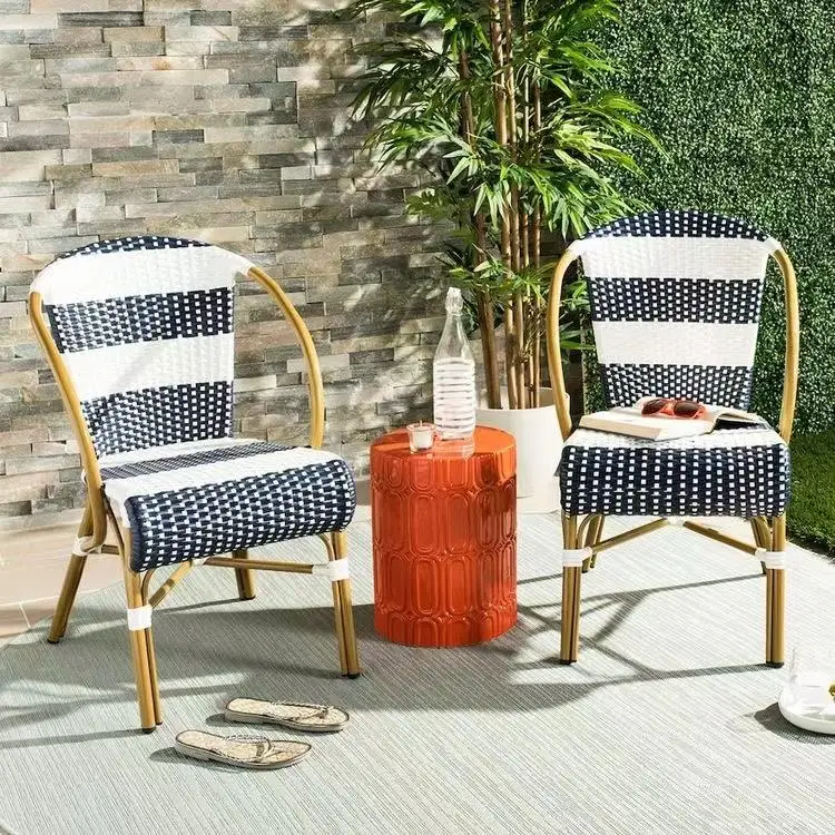 MORE DESIGN Luxury Swimming Pool Aluminum Stacking Metal Rattan Bamboo Wicker Dining Patio Garden Outdoor Chair