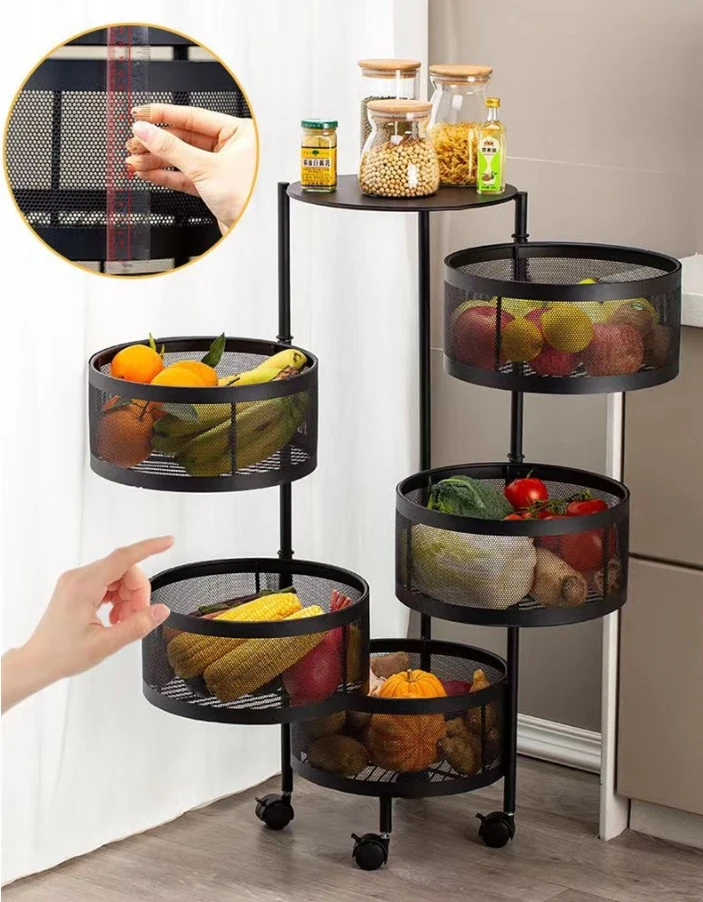 Carbon Steel round Rotatable fruit basket Kitchen Storage with Wheel  Holders & Racks