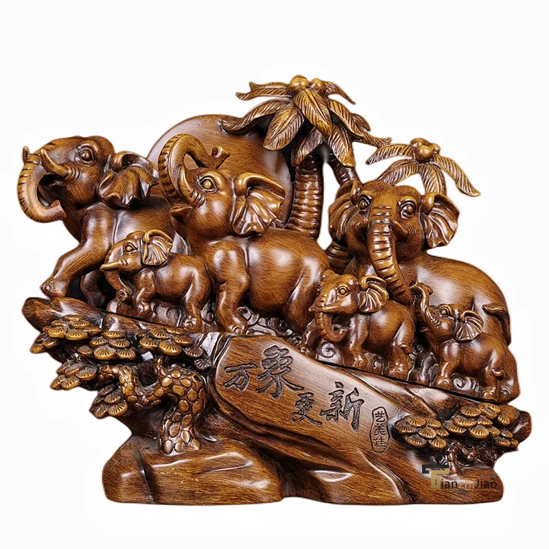 Customized Resin Crafts Elephant Statues Ornaments Lucky Feng Shui Gift Decoration Imitative Wood Elephant Sculpture