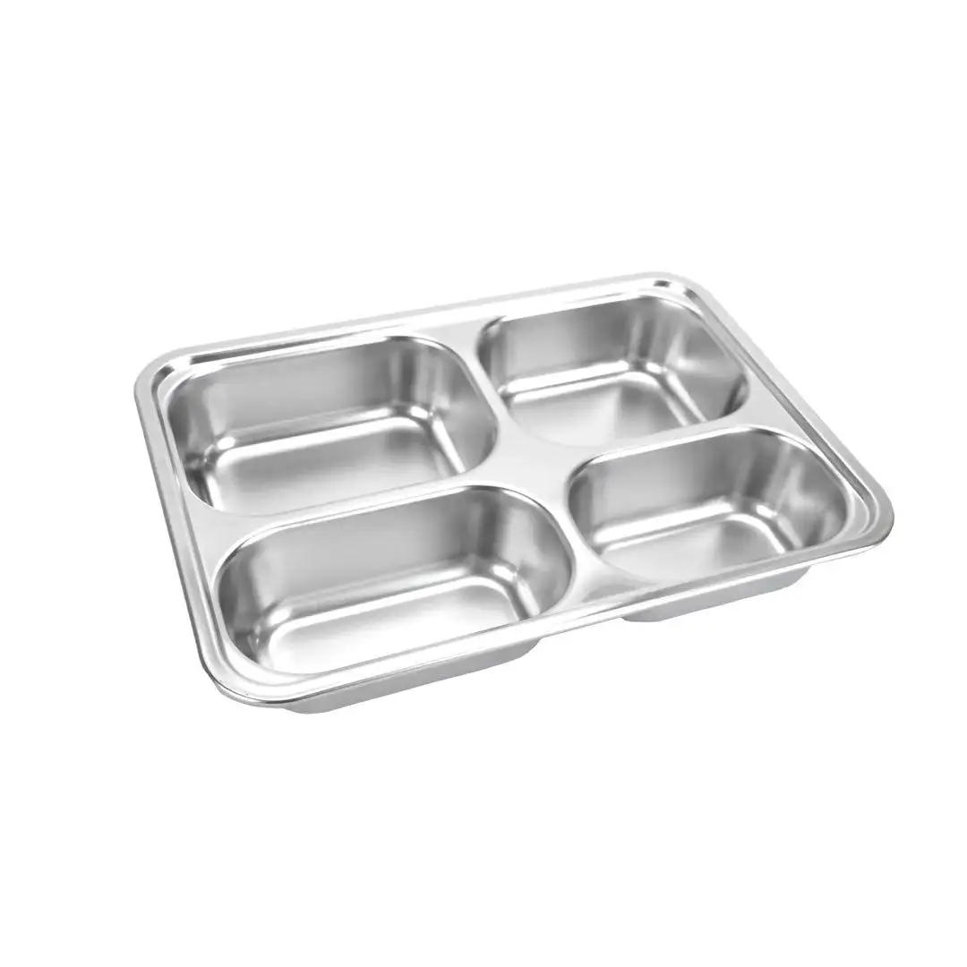 Hot sale serving dinner set metal stainless steel compartment plates 5 compartment food tray with PP lid