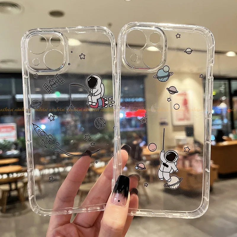 Transparent Creative Astronauts Cartoon Soft TPU Silicone Phone Case Back Cover for iPhone 11 12 13 14 Pro Max