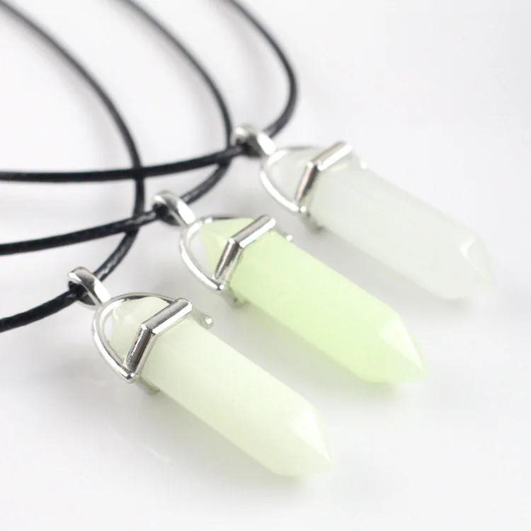 SC Simple Hexagonal Column Pendant Necklace Leather Rope Crystal Natural Stone Luminescence Energy Luminous Stone Necklace