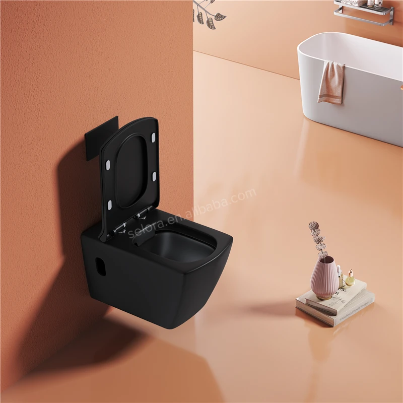 European Rimless Square Wall Hung Toilet Ceramic Wall Mounted Hanging P-trap Toilet In Matt Black Color For Home Hotel Bathroom