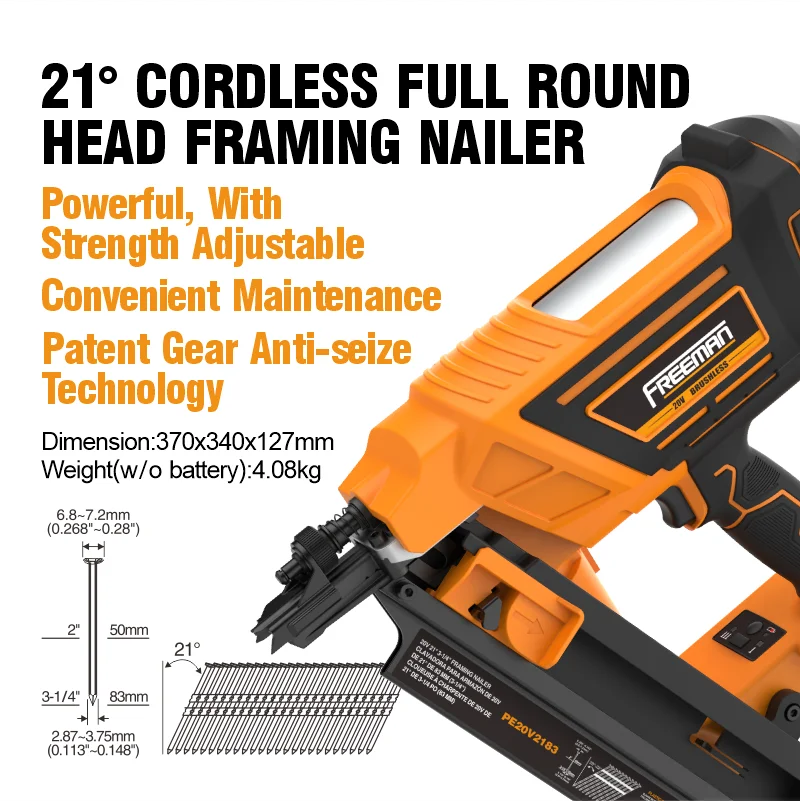 Freeman M18 21 Degree Round Head 2 1/2 Inch Battery Operated Electrical Cordless Nail Gun Machine Angle Framing Nailer