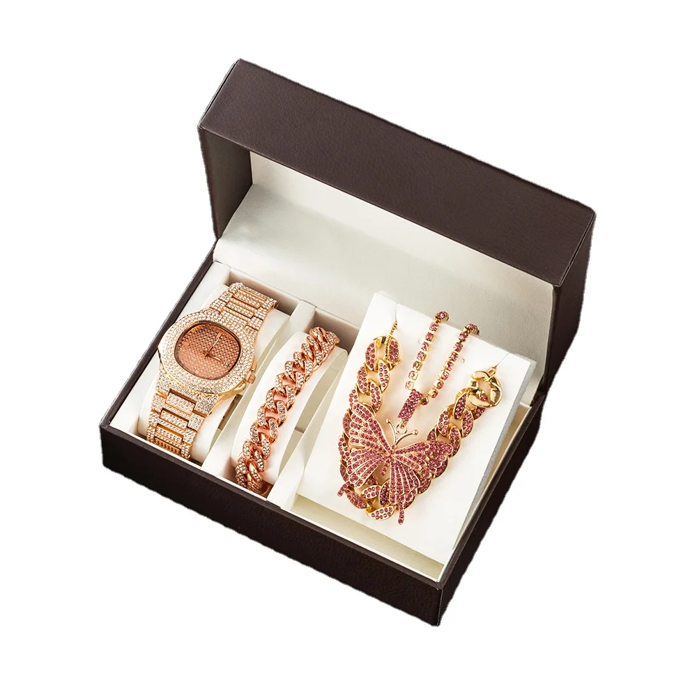 Amazon Hot Selling 4Pcs Ladies Cuban Watch Bracelet Set For Ceremony Pink Butterfly American Diamond Necklace Quartz Watches Set