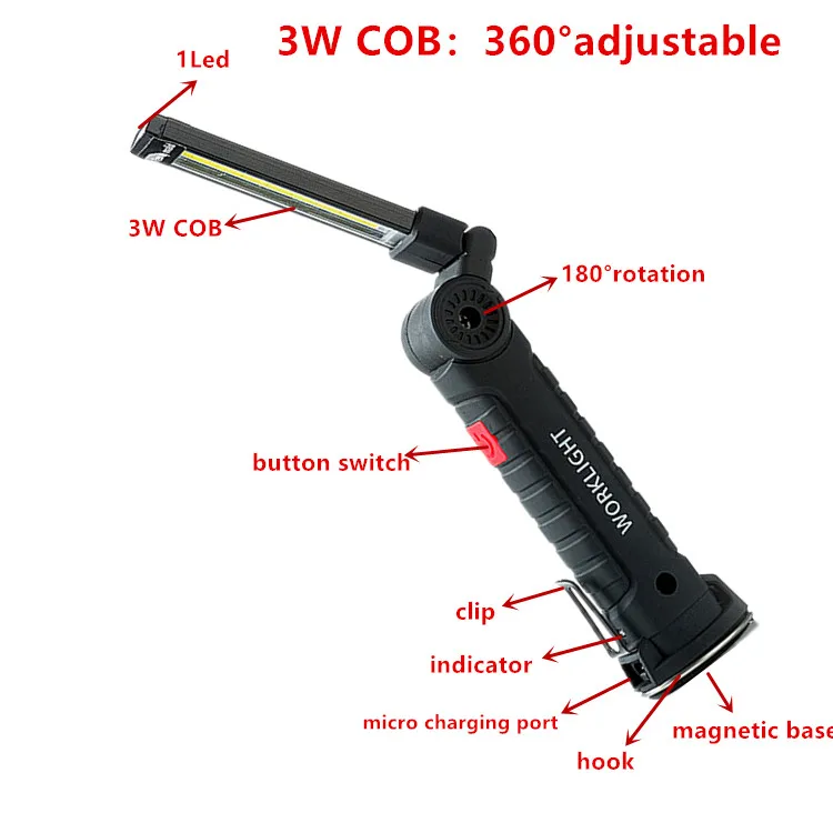 
Amazon Hot Multi Functional USB Charging Maintenance COB Work Lamp Waterproof Hook 360 Degree Fold Led Work light with magnet 