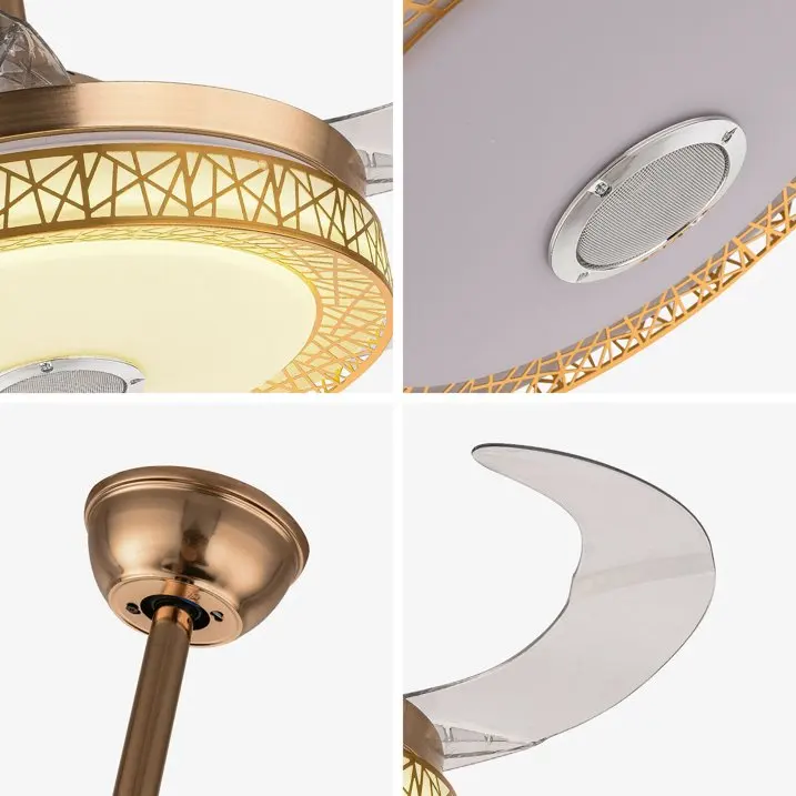 42inch Invisible Ceiling Fan Bluetooth Speaker Remote LED Lamp 4 Retractable Blade Chandelier 3 Color Changing LED Pendant Light