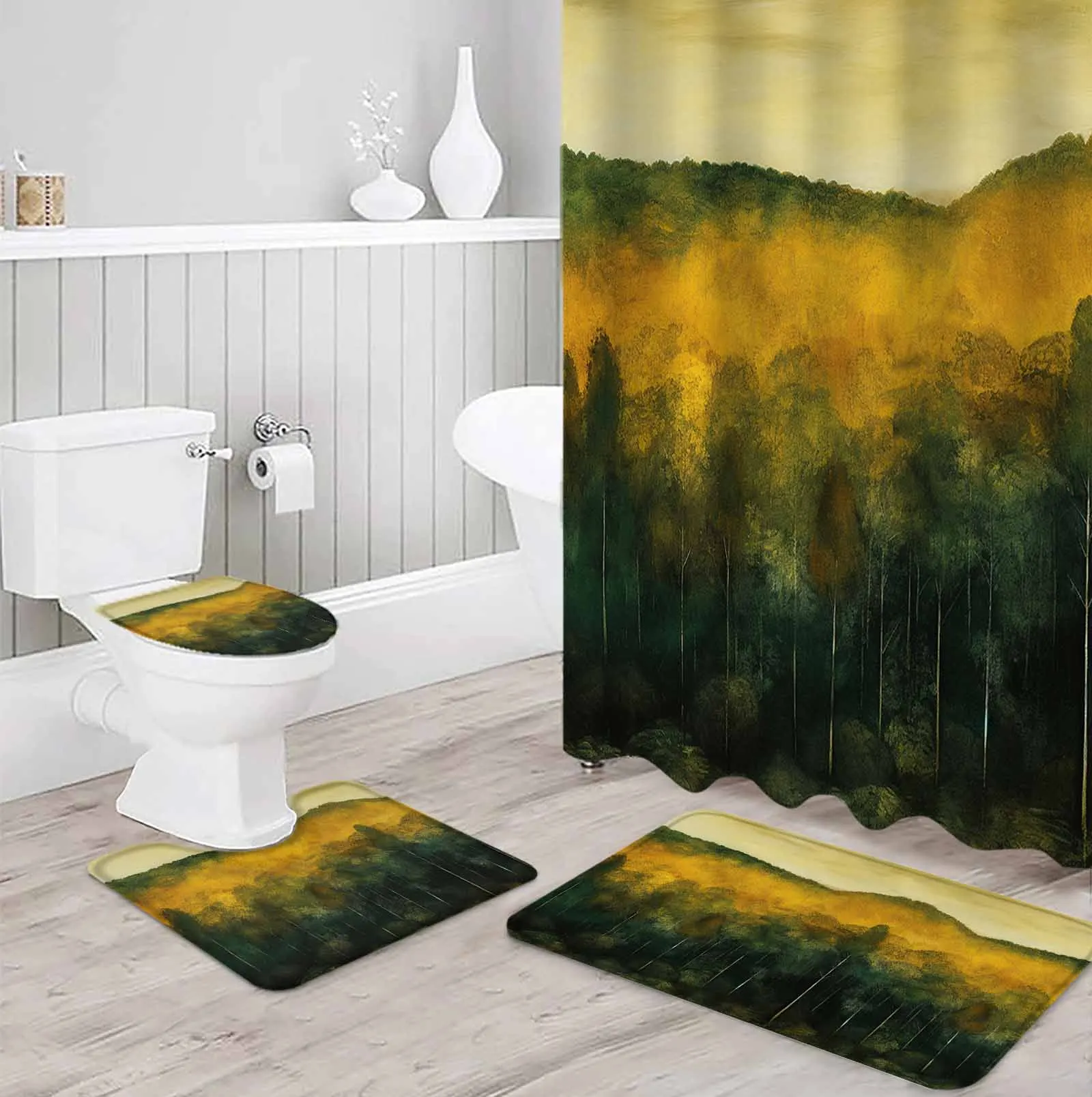 Misty Forest Pine Tree Watercolor Foggy Mountain Green Plant Nature Scenery Landscape Bathroom Decor Bathroom Sets with Hooks