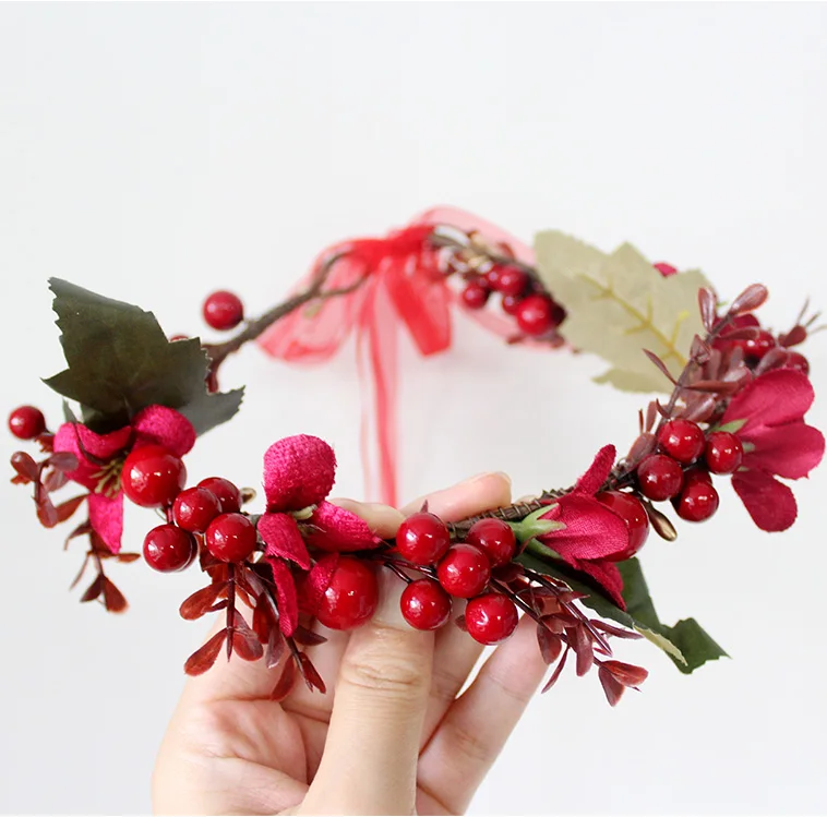 2905E custom red floral crown red berry hair ring party festival flower headband christmas crown