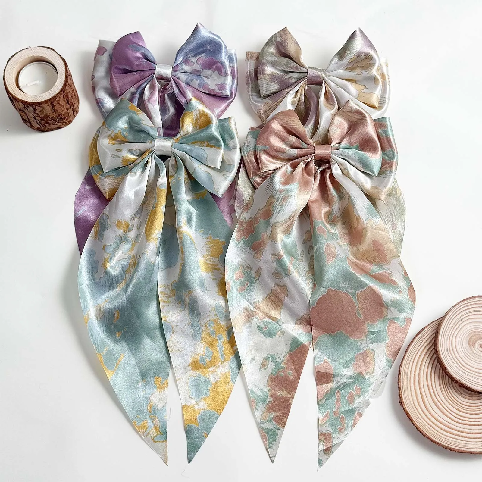 Cross-Border Sading Ribbon Bow Hair Accessories Elegant Printed Simple Style Cute Spring Clip Hairpin for Women Girls 5cm Size