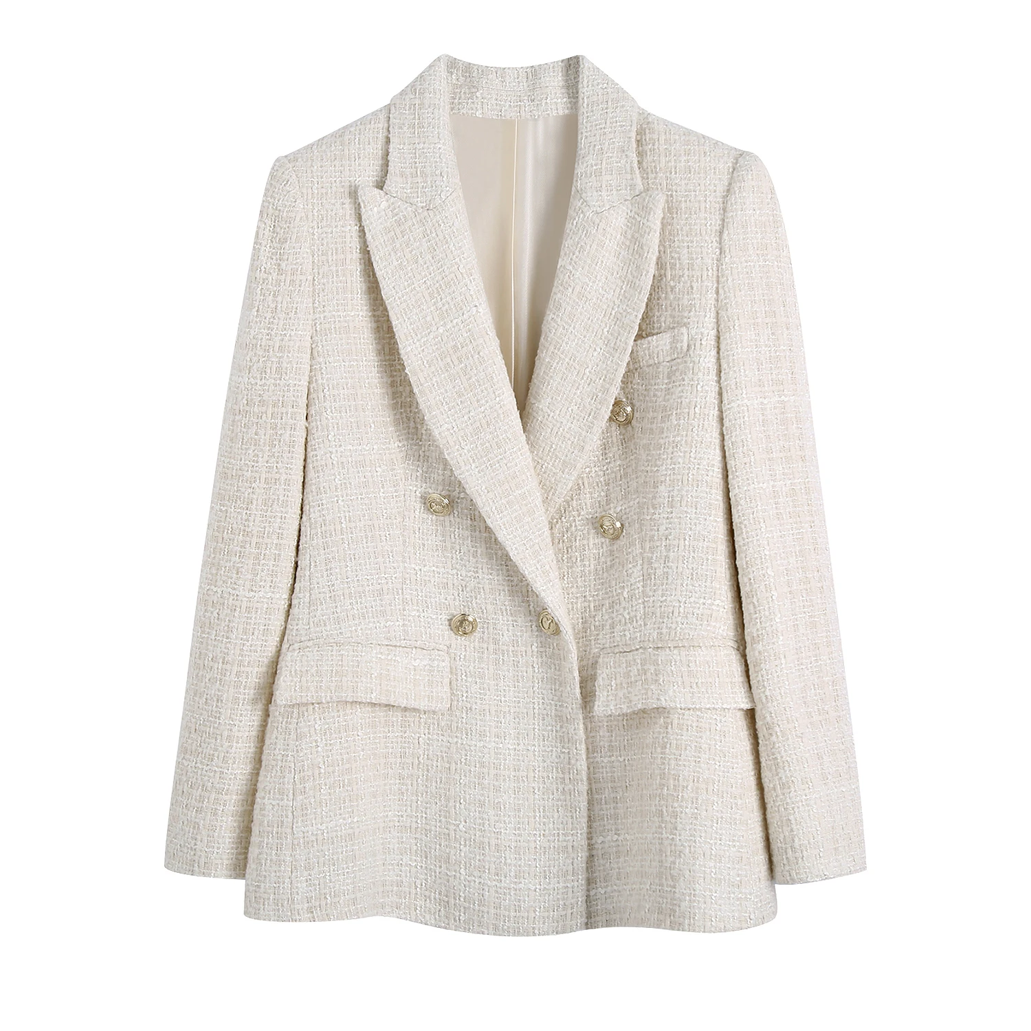 Double breasted long sleeve notched collar white color women tweed casual blazer