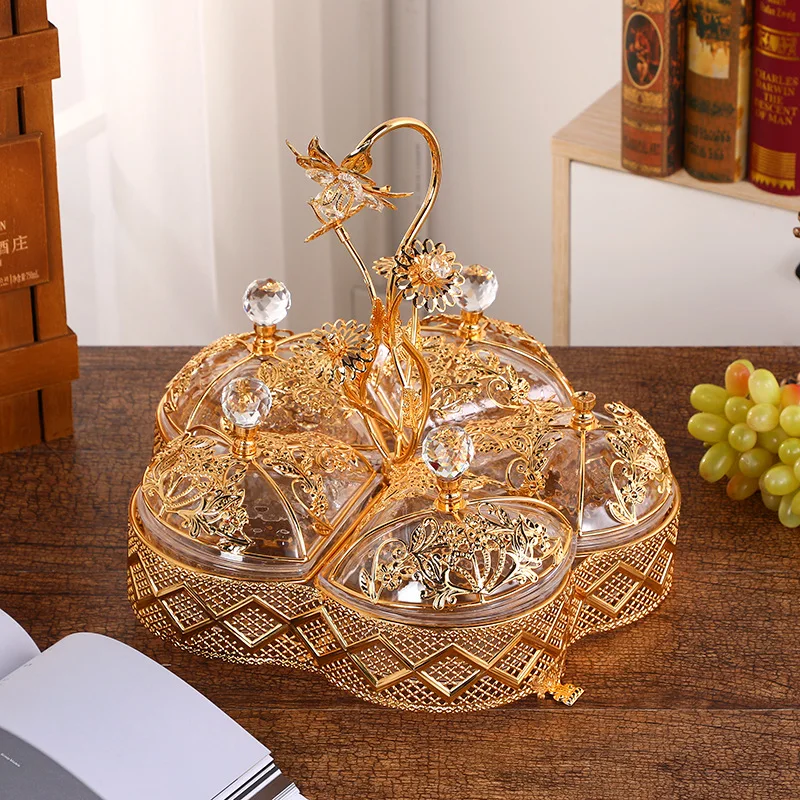 European Style Gold Metal Crystal Dry Fruit Tray Turkish Candy Snack Plate with Lid