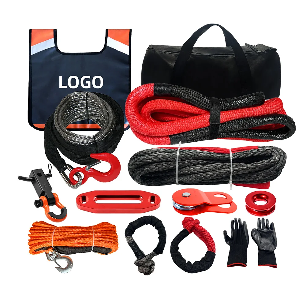 4x4 OffRoad tow strap Traction rope Braided Kinetic Recovery Kit Rope with Off-road Synthetic Soft Shackle adn uhmwpe winch rop