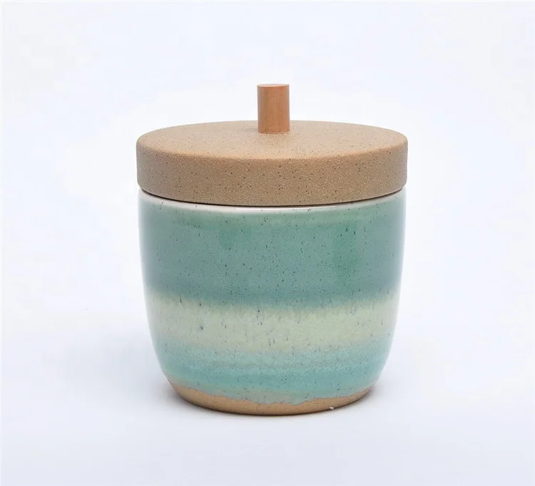 Hot sale kitchen food spice ceramic jar with wooden lid cheap handmade storage canister