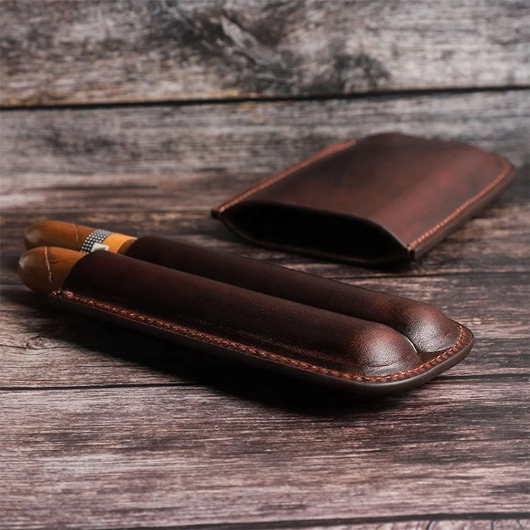 Personalised Custom Genuine Leather Cigar Case Handmade 2 Tube Travel Cigar Holder Box For Men