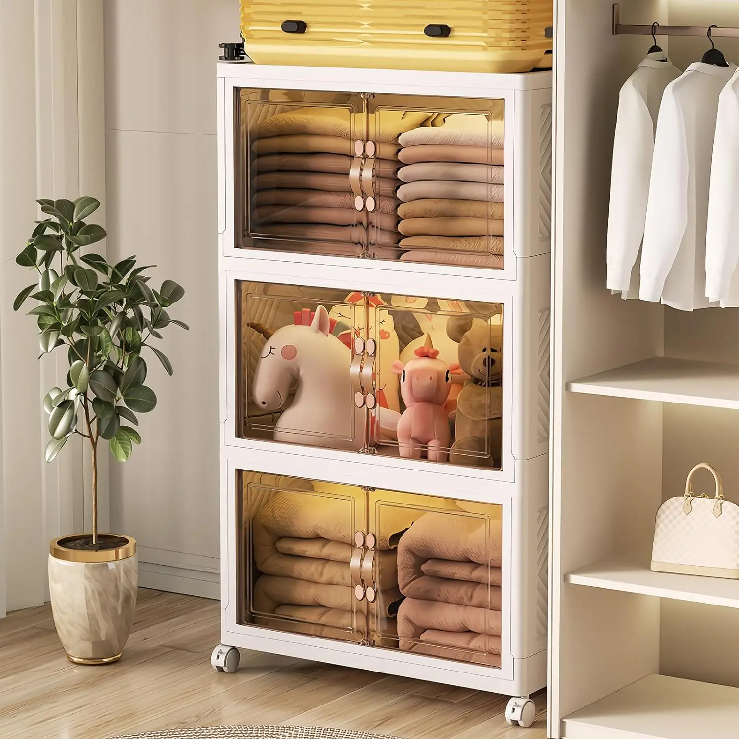 Stackable Storage Containers Boxes Folding Closet Clothes Organizer 4 Tier Collapsible Plastic Storage Bins with Lid & Wheels