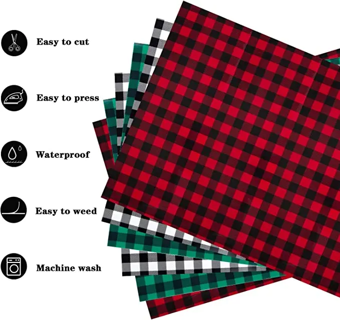 Buffalo Plaid Mixed Colors T-shirt PU Material Strong Sticky Textile HTV Iron Camouflage Vinyl Rolls Heat Transfer Vinyl