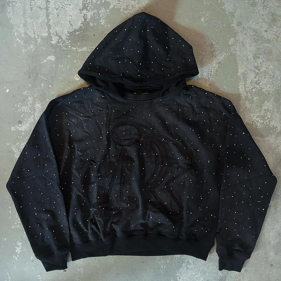 OEM Custom Screen Printing Mens Boxy Rhinestone Hoodie Functional Streetwear French Terry Heavyweight Hoodies