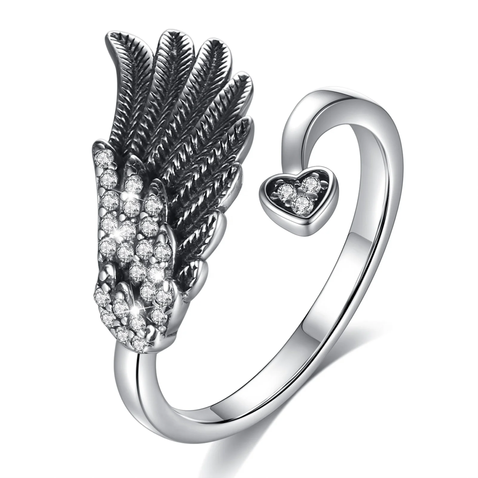 925 Sterling silver adjustable guardian feather heart opening angel wings ring