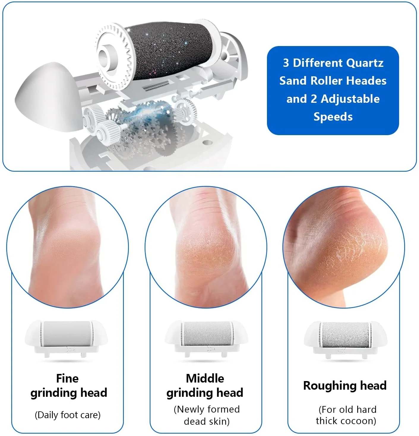 Rechargeable 3 Grinding Heads Waterproof foot scrubber  Callus Eliminator Pedicure Tools Feet Care Kit Pedicure Foot File