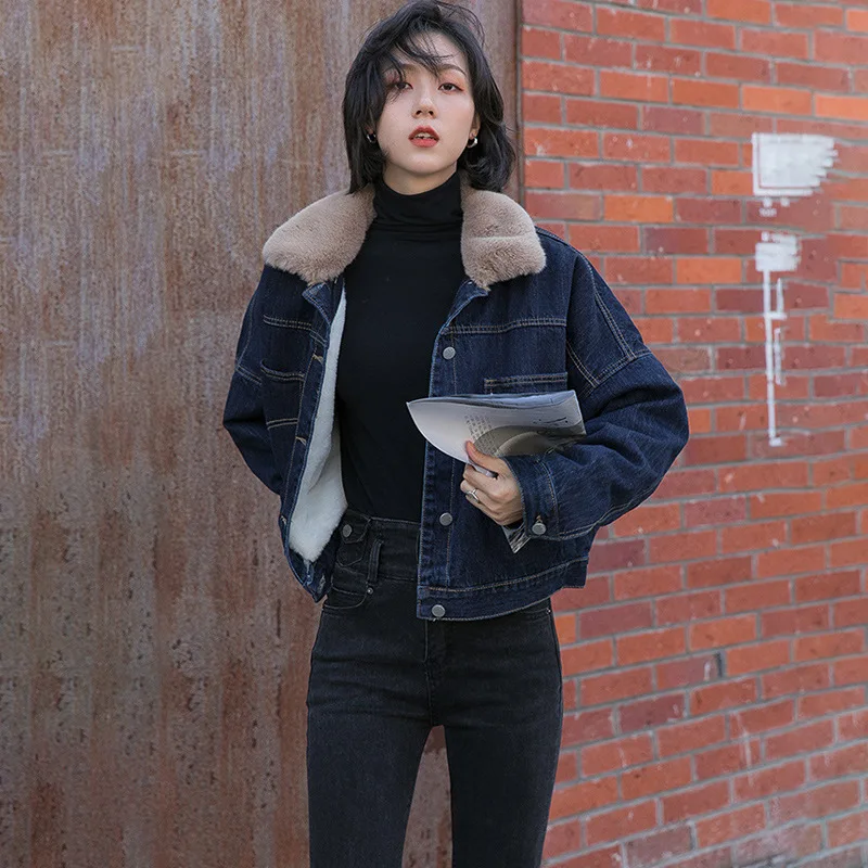 Winter  women coat  warm denim jacket Jean jackets with fur collar and pluse size