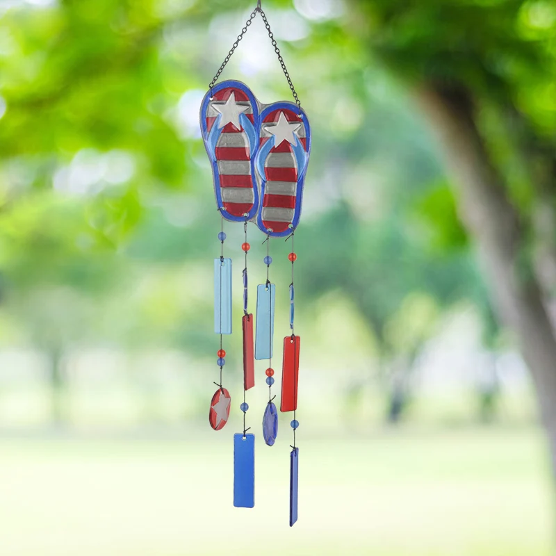 OEM customized American flag pattern Red and blue glass five-pointed star wind chimes