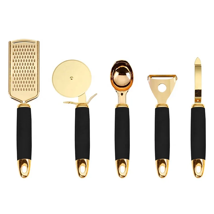 
kitchen flat kitchenware accessories, 5 pcs in one set, Ginger Grater,Peeler,Ice Cream Spoon & Pizza cutter, golden style, hot! 